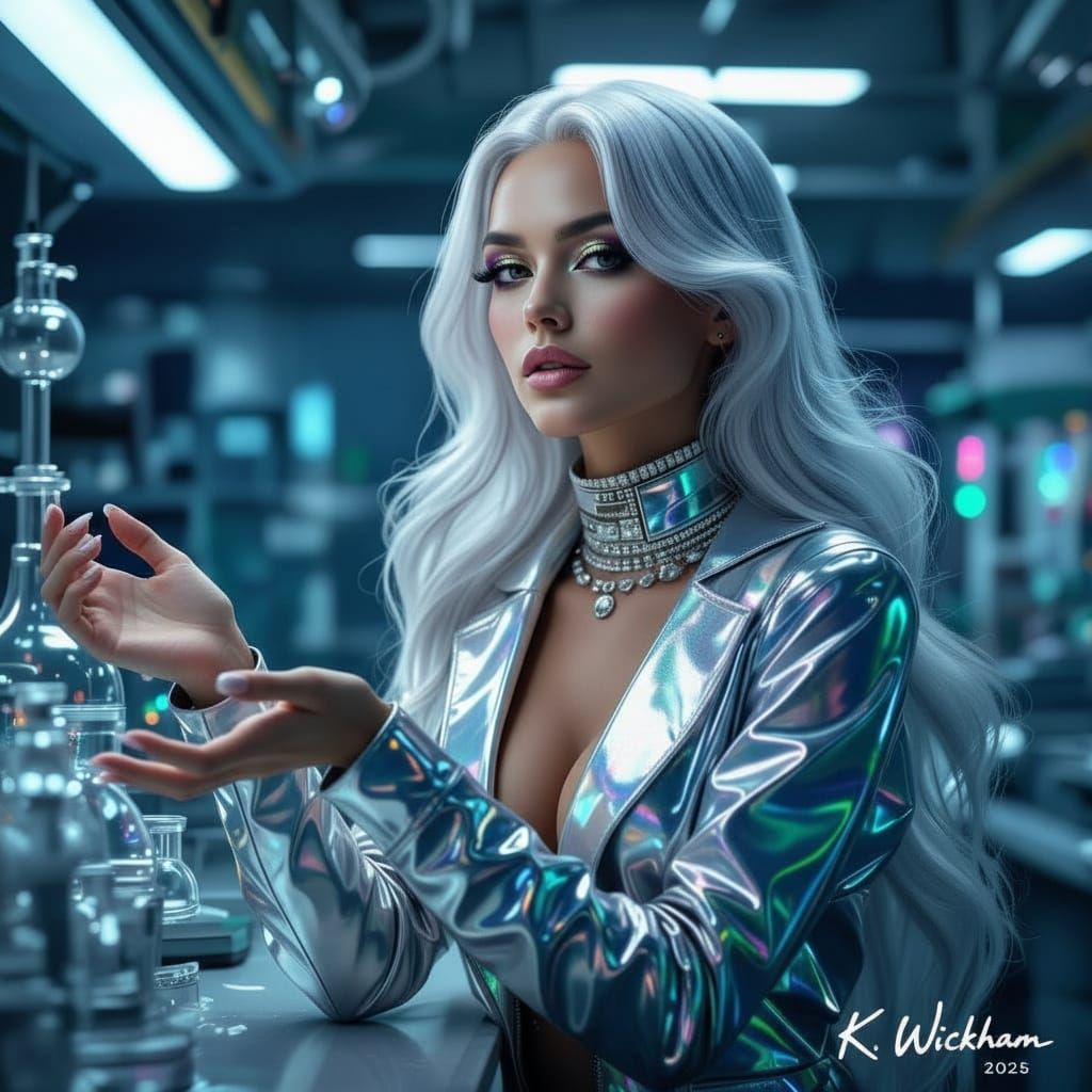Seductive Scientist With Silver Hair Blowing Bubbles in Futu...