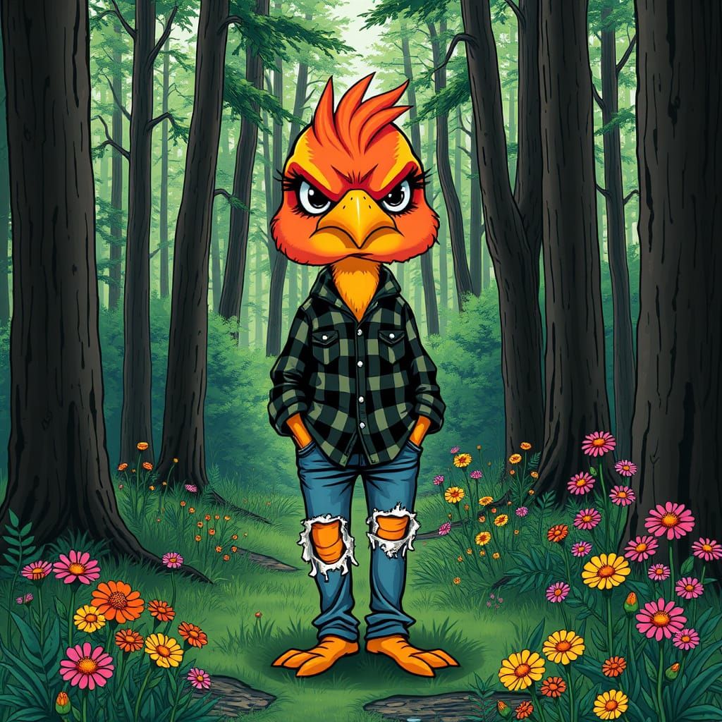 Grumpy Chick in Forest, Pop Surrealism Style
