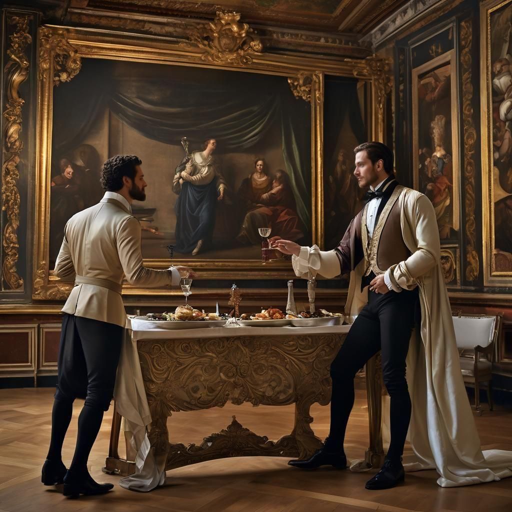 Gay Couple's Tender Moment in Renaissance Gallery