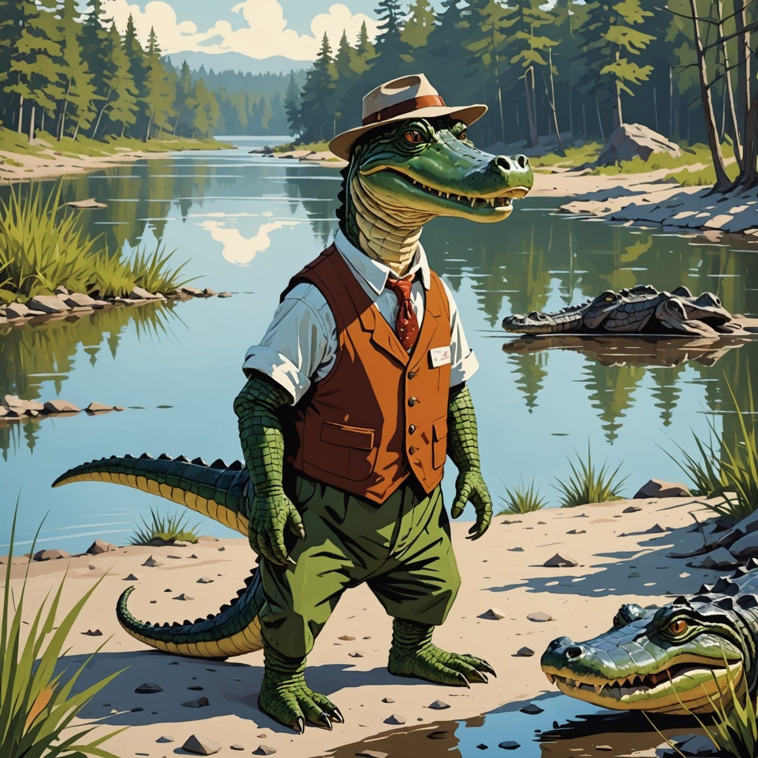 Alligator Detective in Norman Rockwell Style