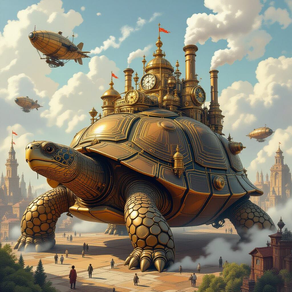 Steampunk City on Giant Clockwork Tortoises