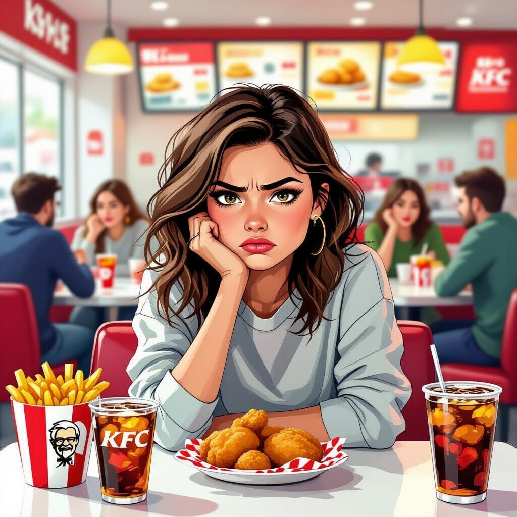Grumpy Woman at KFC in Dynamic Art Style