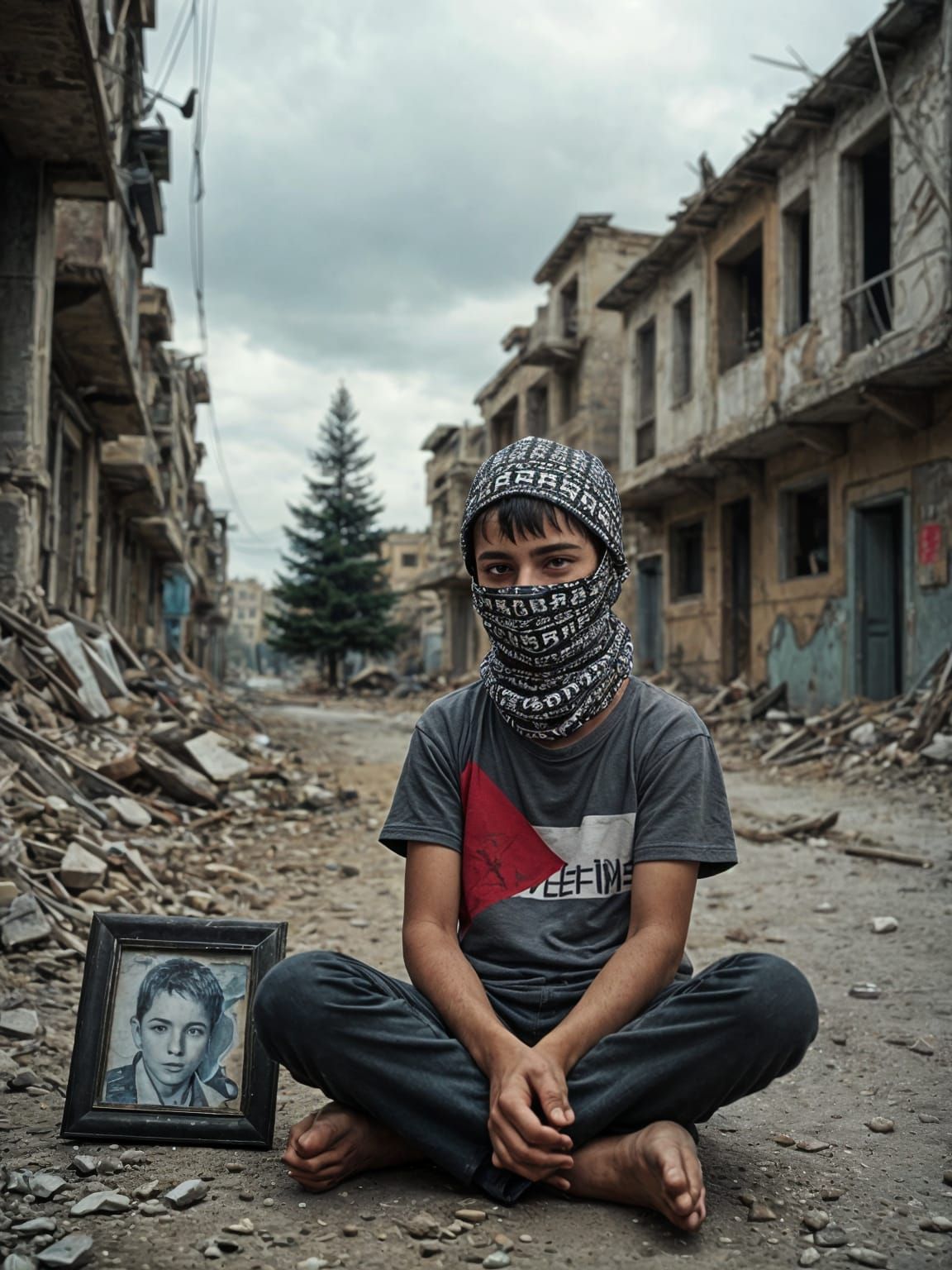 Young Palestinian Boy Amidst Ruins, a Burnt Christmas Tree,....