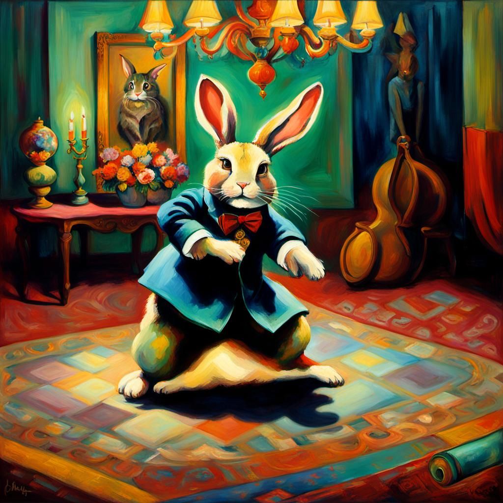 Whimsical Rabbit Dances with Cat: Expressionist Oil Painting