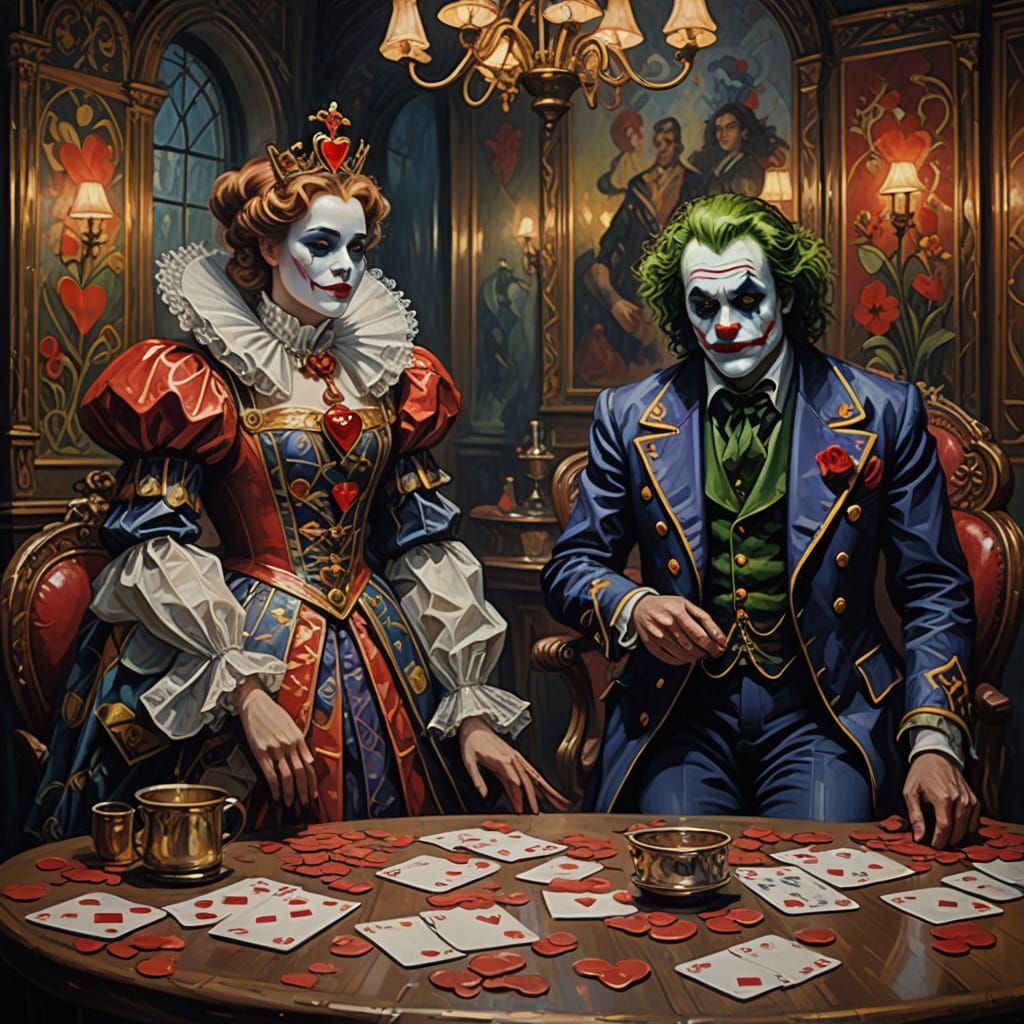 Queen of Hearts, King, and Joker in Moody Impressionist Styl...