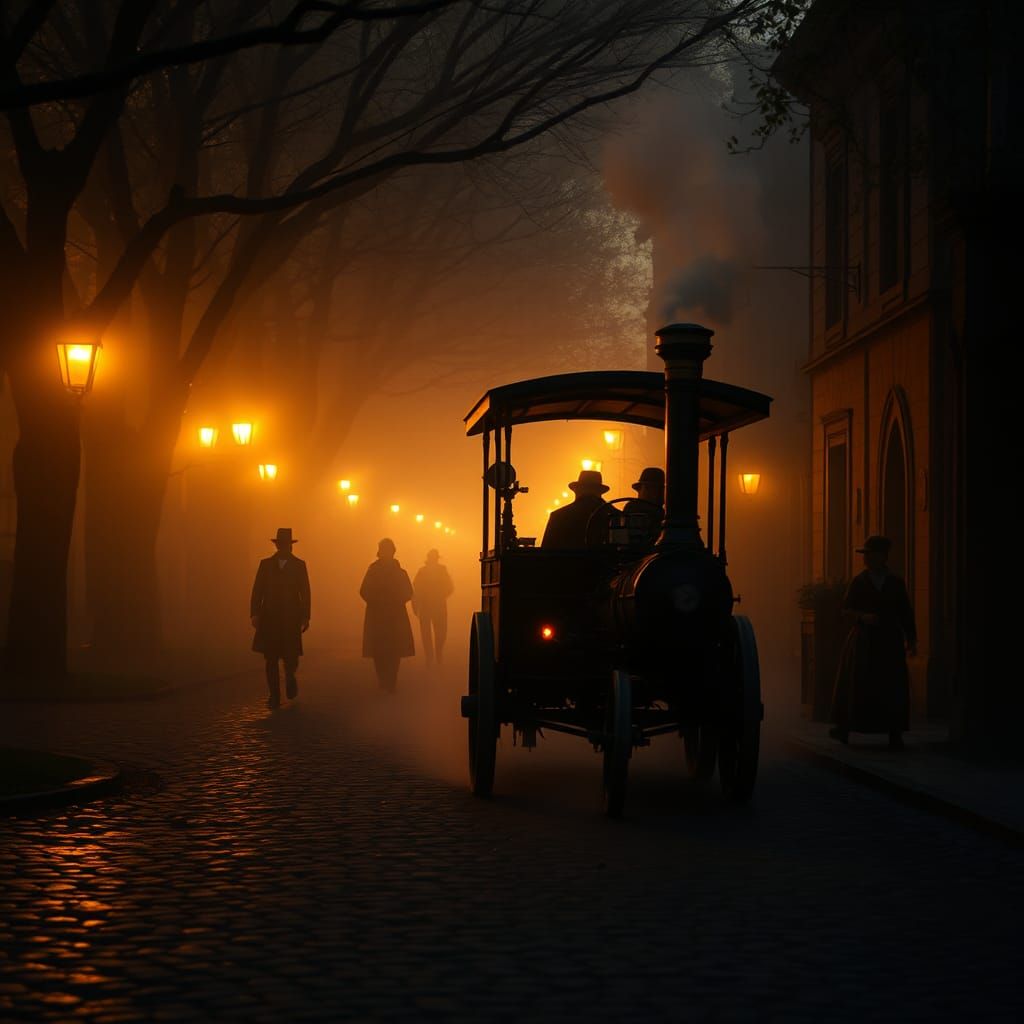 Steampunk Cart Speeds Through Medieval Street at Dusk