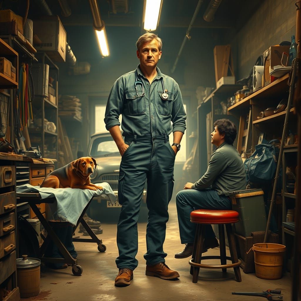 Rustic Garage Doctor Attends to Patient and Injured Dog