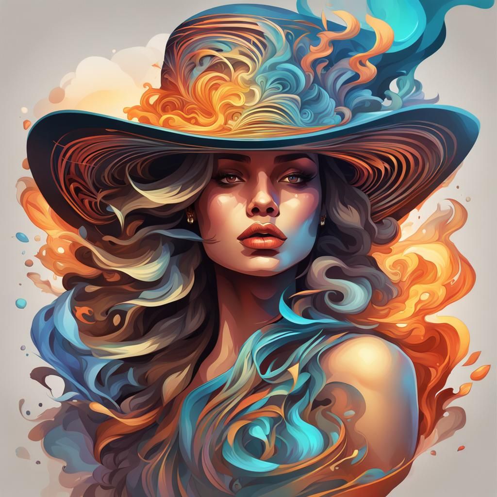 Smoking Woman with Big Hat: Abstract Digital Portrait