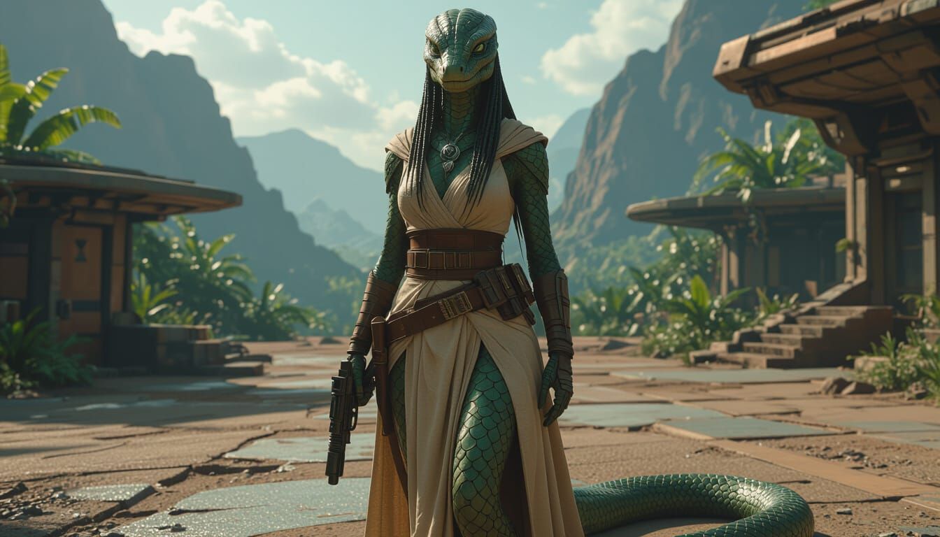 Photorealistic Snake-Alien Hybrid on Jungle Planet