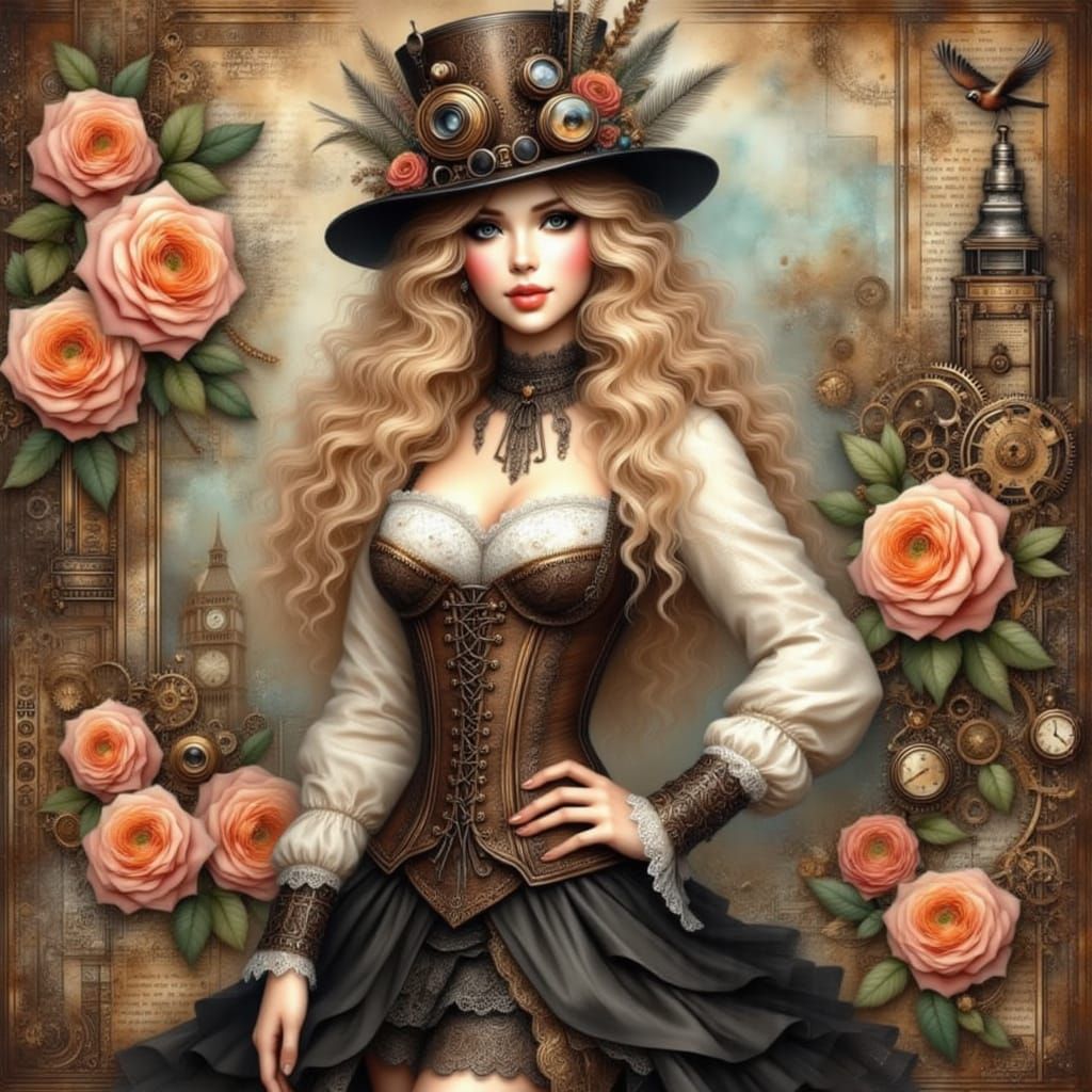 Steampunk blonde in brown corset and white lace sleeves, black skort, elaborate steampunk cloche hat<lora:Steampunk Chic...