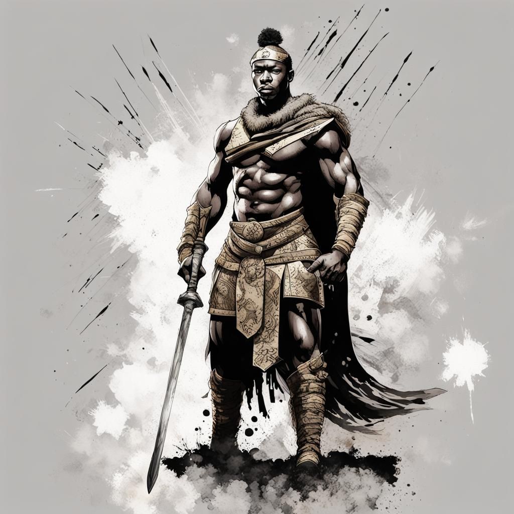 African Warrior in Battle-Ready Stance with Ink Splatter