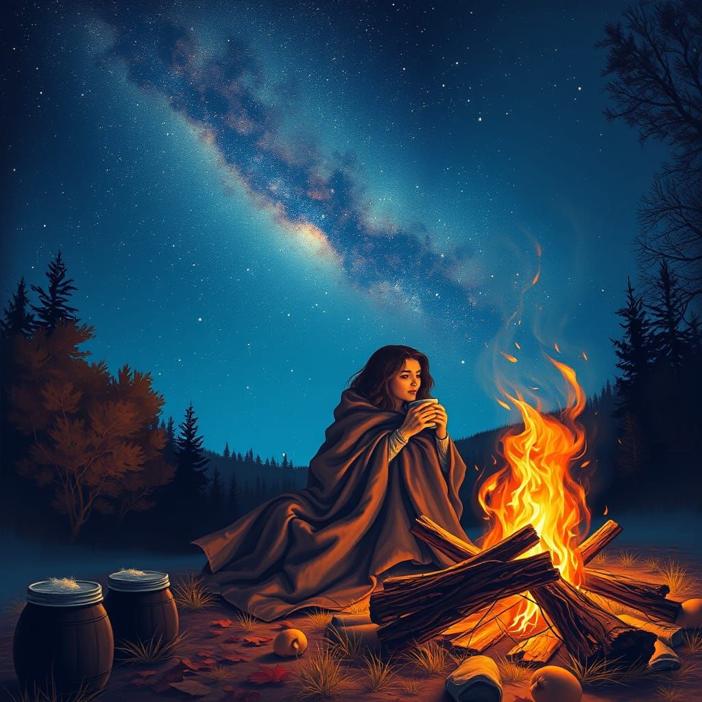 Couple Stargazing on Autumn Night in Surreal Style