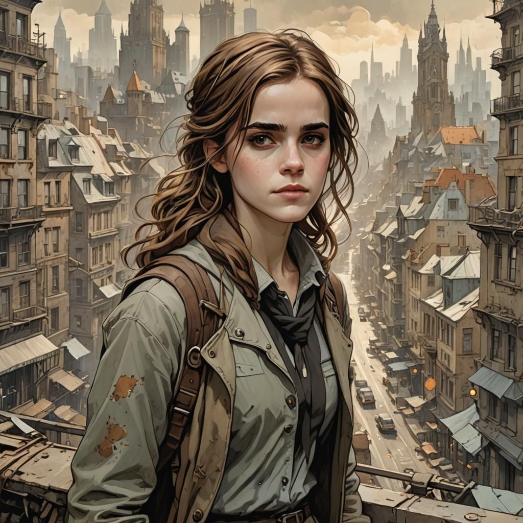 Young modern Emma Watson with flaxen Brown hair and Brown eyes in a Modern City