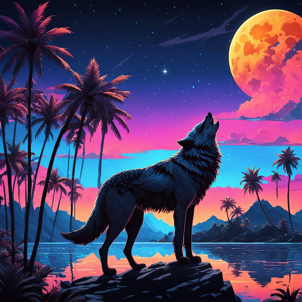 Ethereal Wolf Silhouette Under Neon Sunset