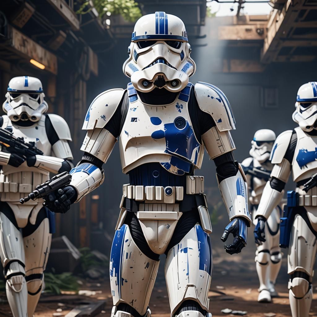 Stormtrooper with Indigo Stripes in 3D Cinematic Style