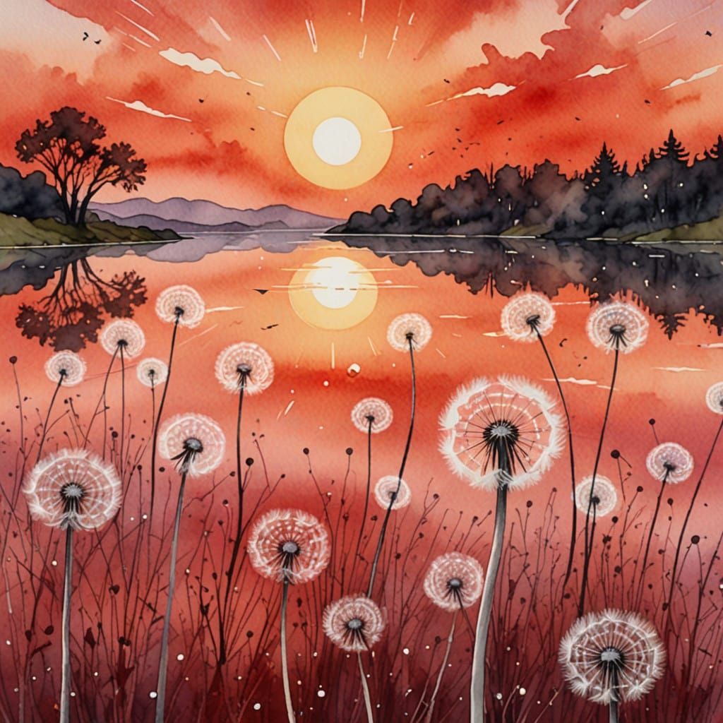 Whimsical Watercolor Dandelion Scene in a Surreal Red Sunset