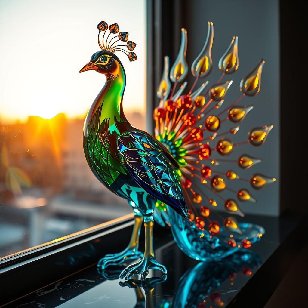 Glass Peacock Sculpture in Sunset Light
