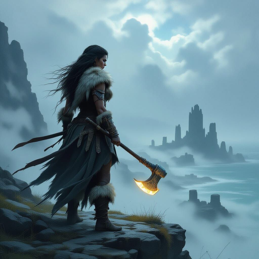 Barbarian Woman on Cliff Overlooking Ancient Battlefield