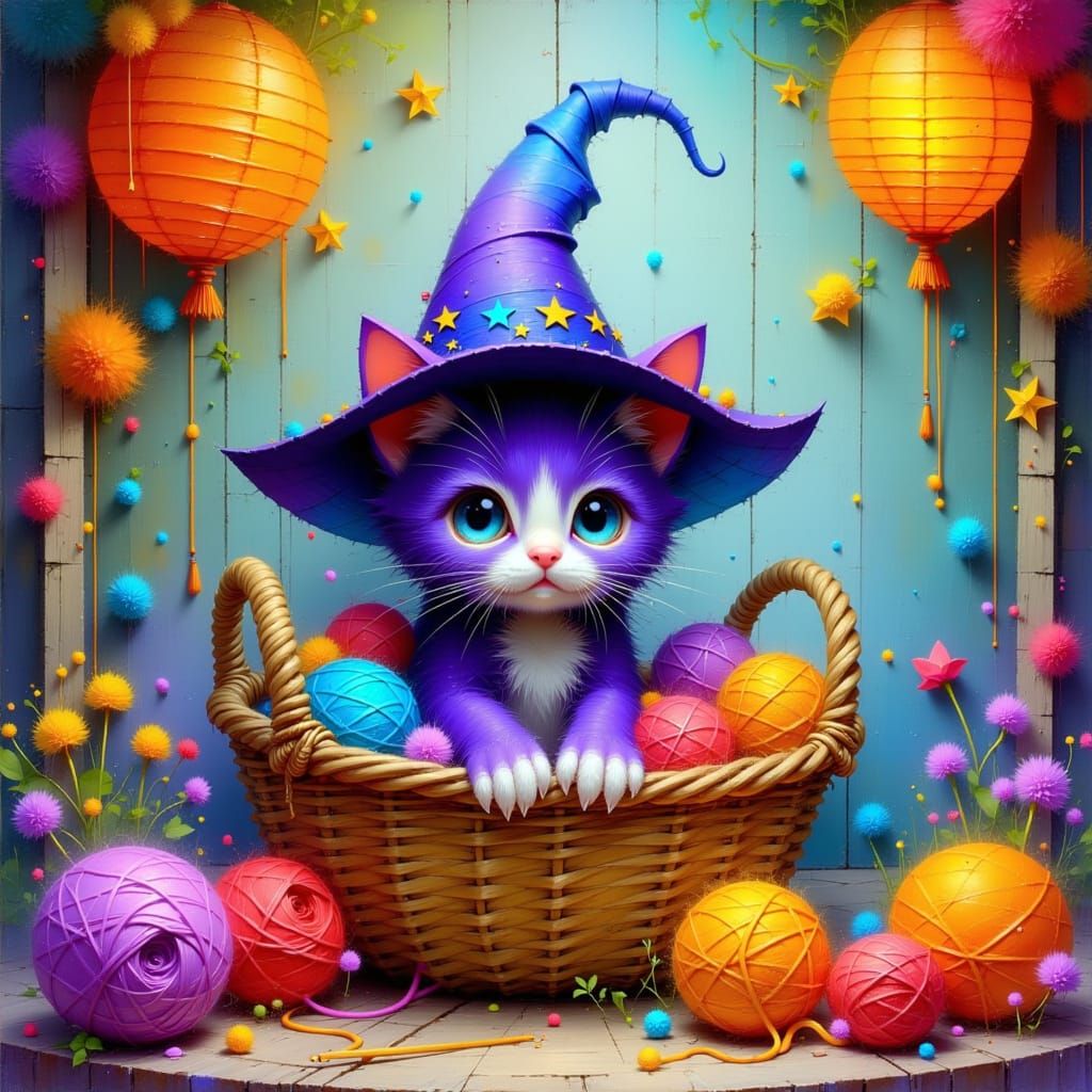 Purple Kitten in Witch Hat Amidst Yarn