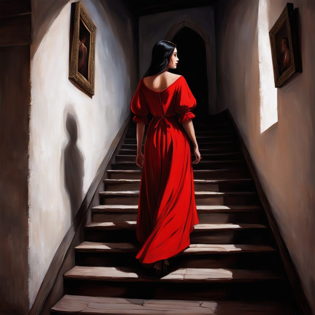 A Young Woman Descends Stairs in a Chiaroscuro Masterpiece