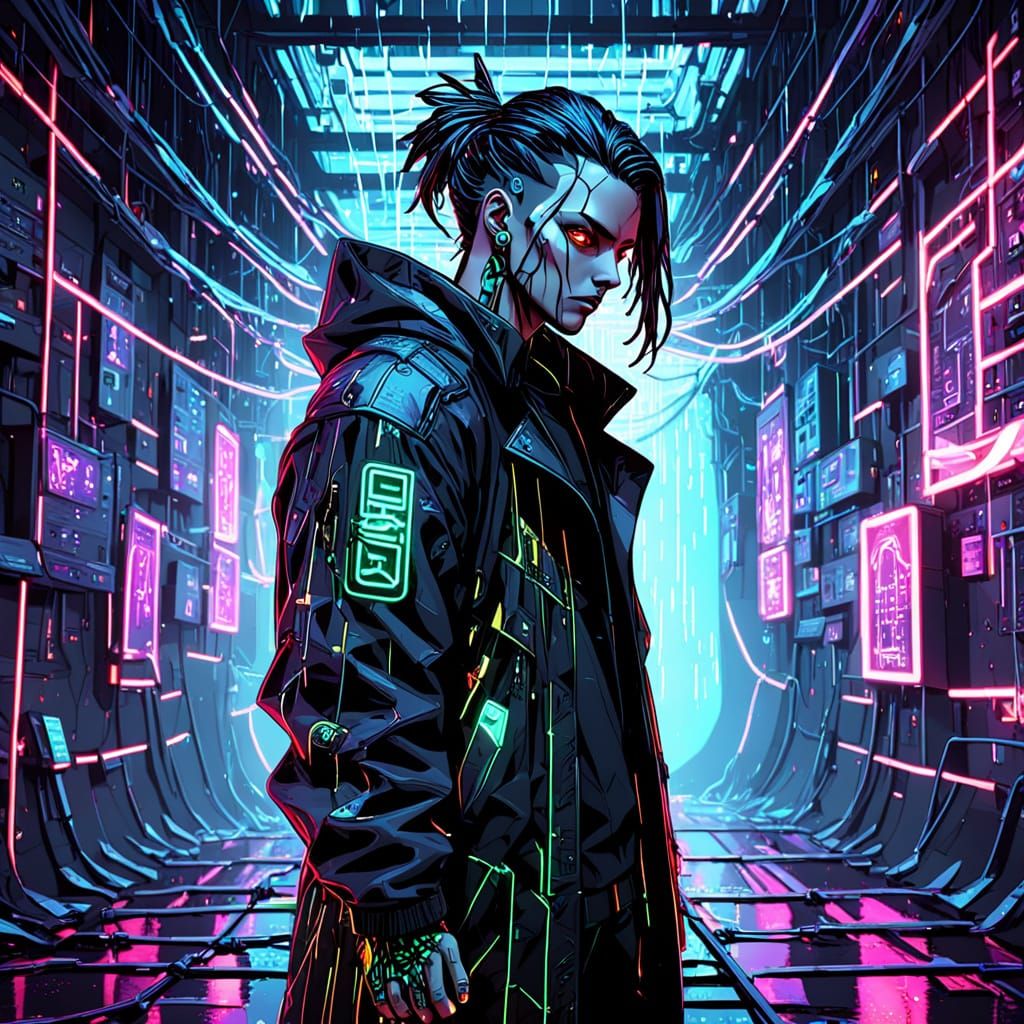 Cyberpunk Villain in Neon Net Hideout