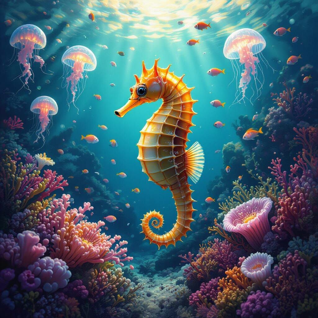 Seahorse in a Glowing Undersea Coral Garden