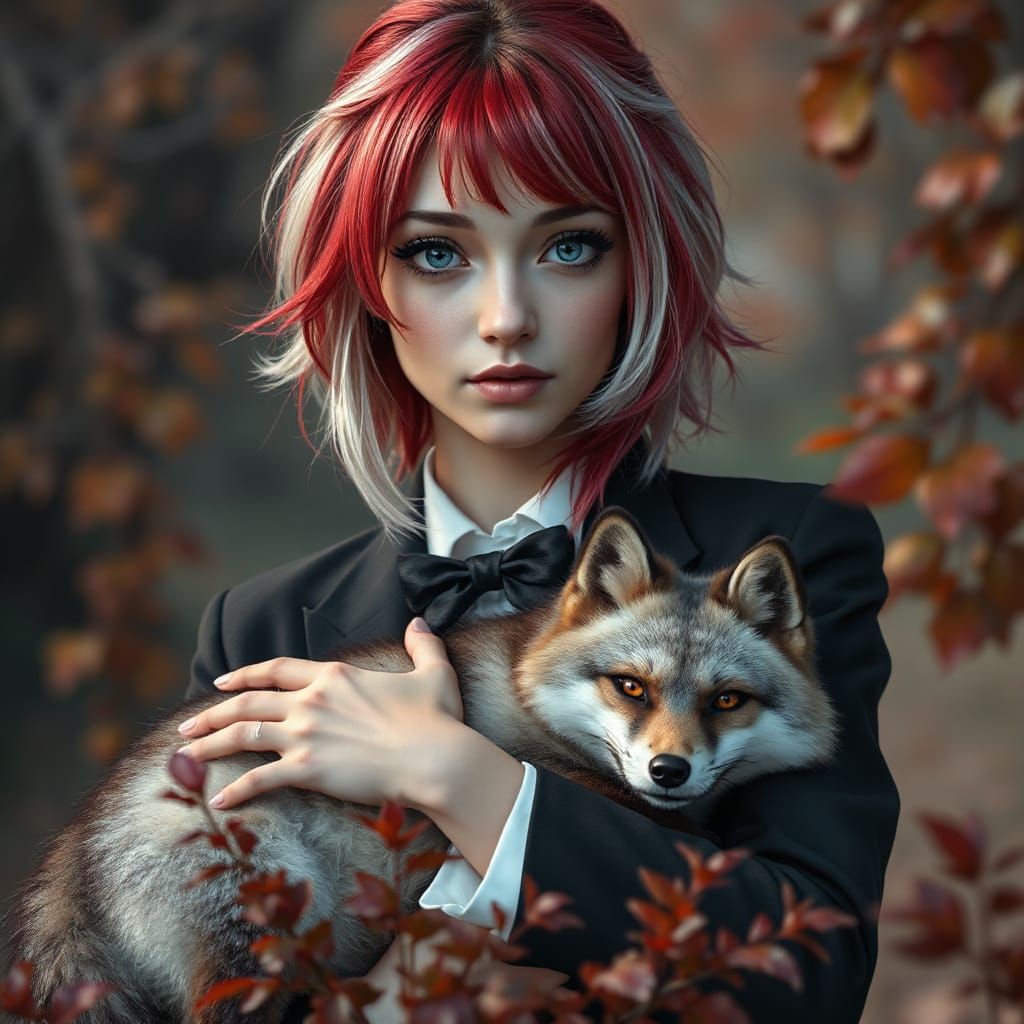 Woman With Red Hair Cradles Fox in Autumn