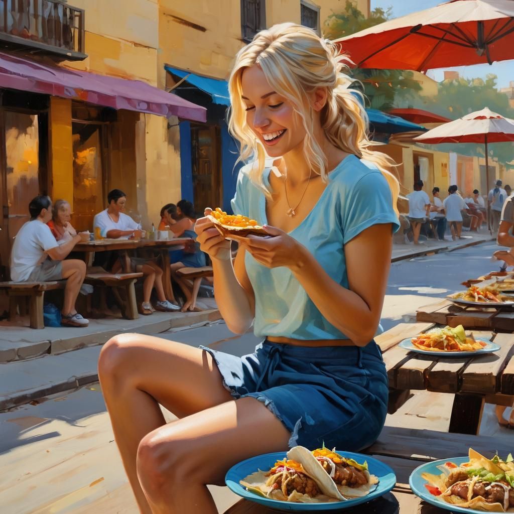 Happy Tourist Eating Tacos: Impressionist Painting