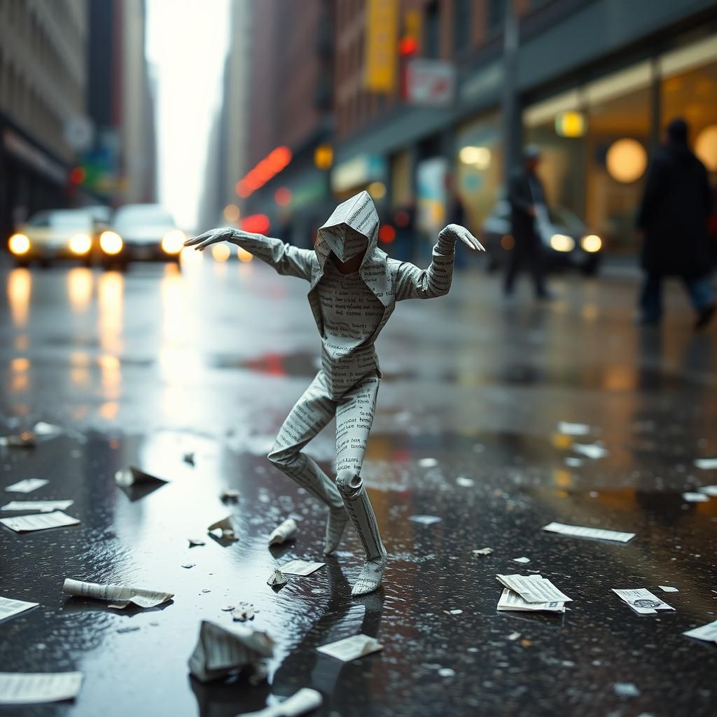Newspaper Origami Dancer in Rainy New York Street
