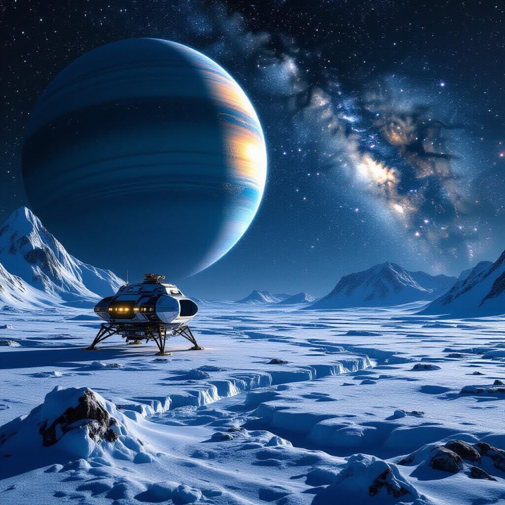 Spacecraft Near Neptune and Pluto in Starlit Void