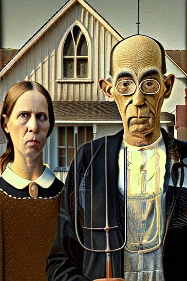 American Gothic Avian Portrait in Grant Wood Style