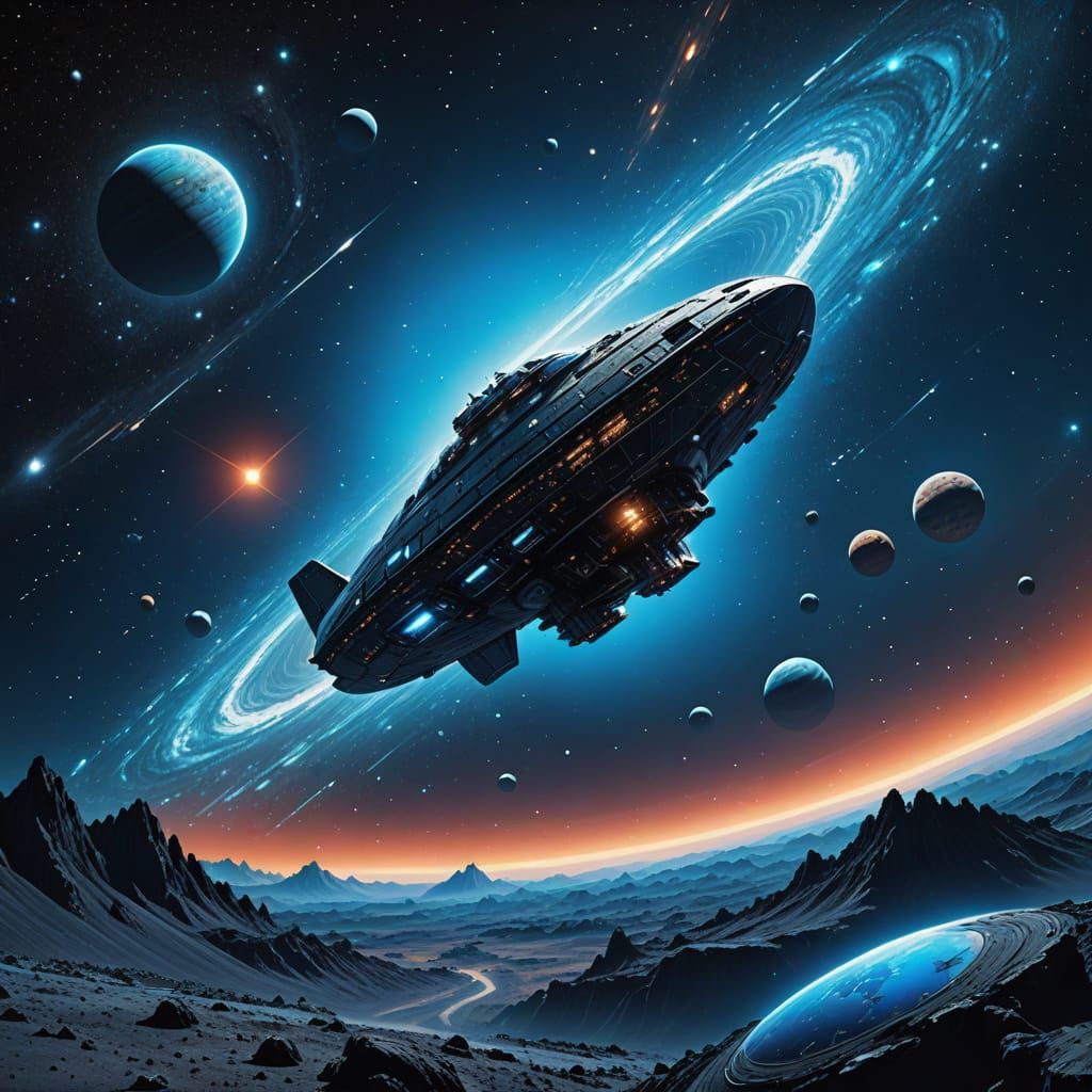 Sleek Spaceship Journey Past Blue Planet