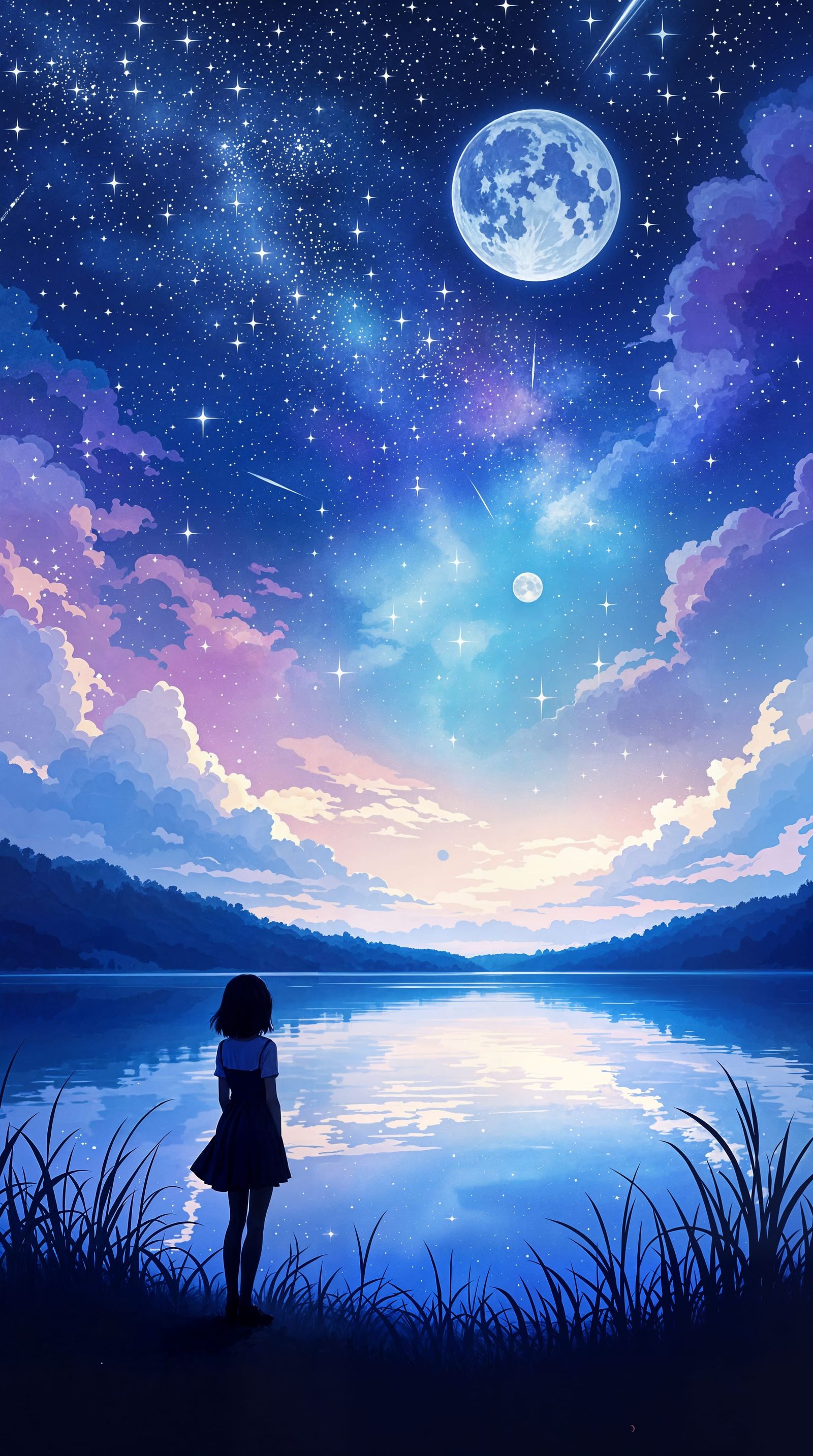 Impressionistic Girl Observes Vibrant Night Sky Over Calm La...