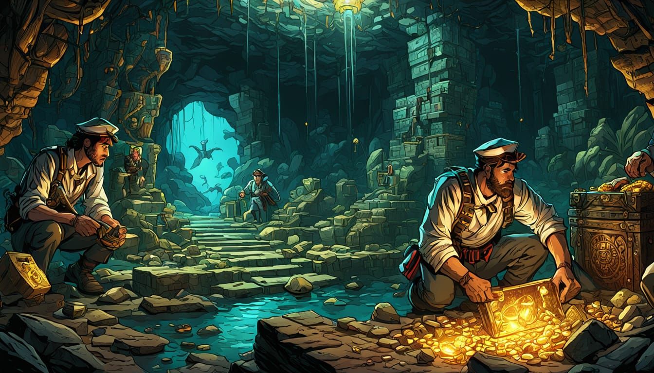 Sailors Discover Hidden Treasure Chamber in Comic Book Style