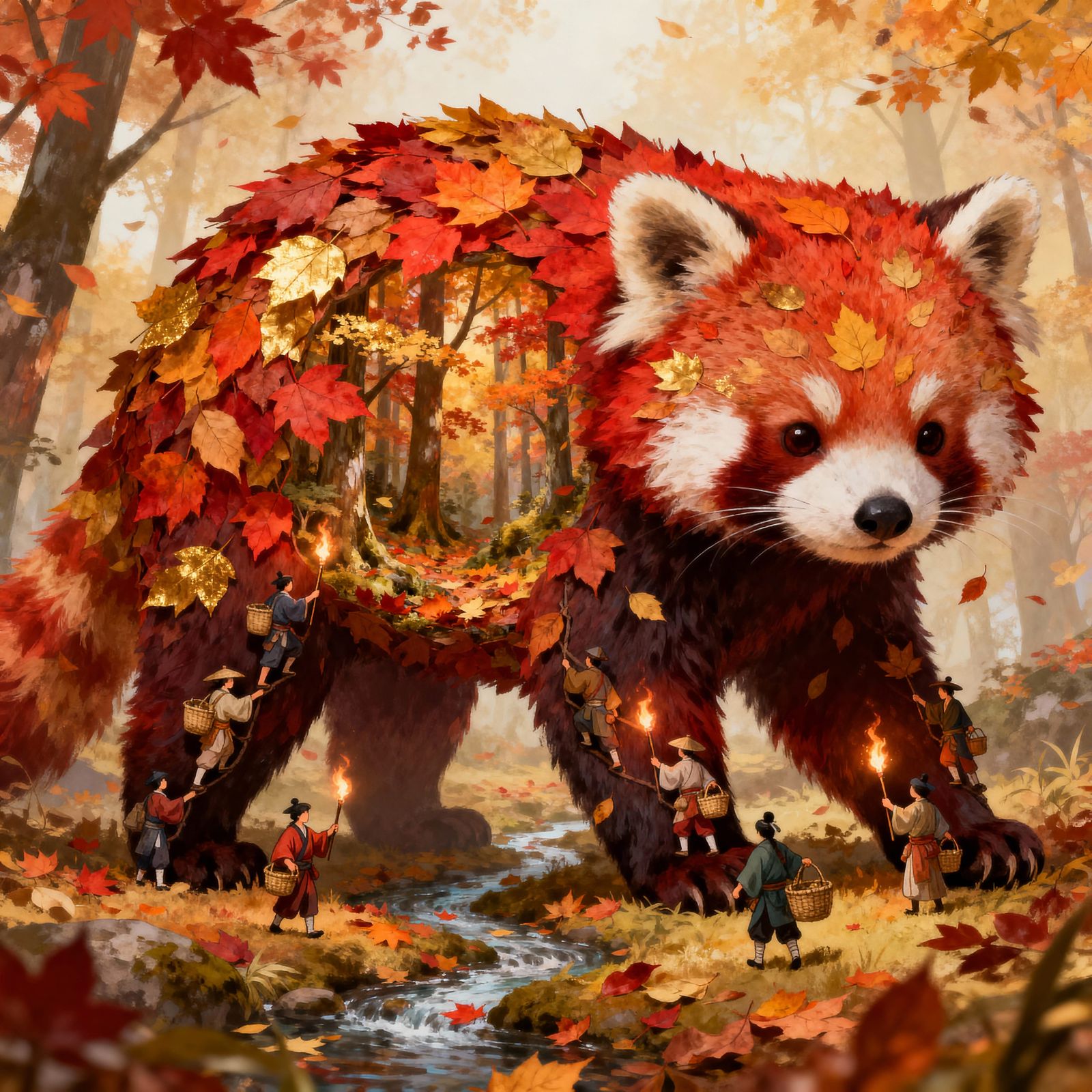Giant Red Panda with Autumn Leaf Fur & Forest Body
