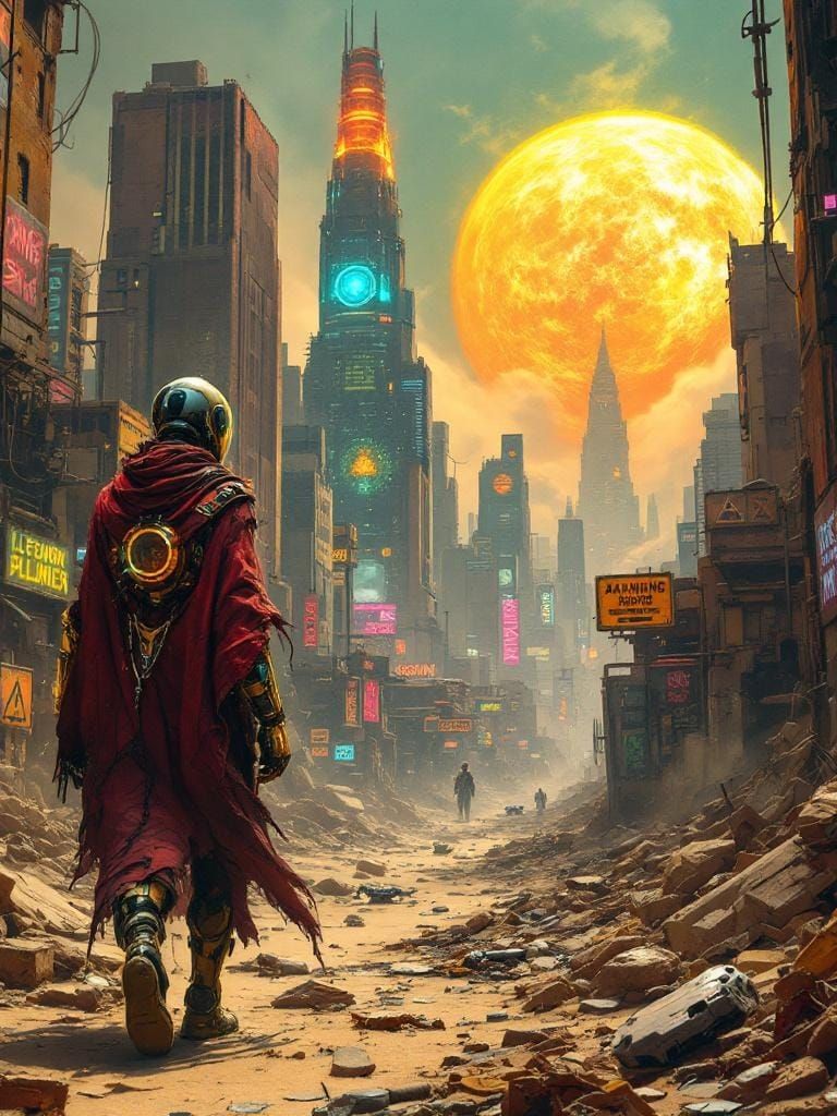 Cyborg Warrior in Radioactive Cyberpunk Wasteland