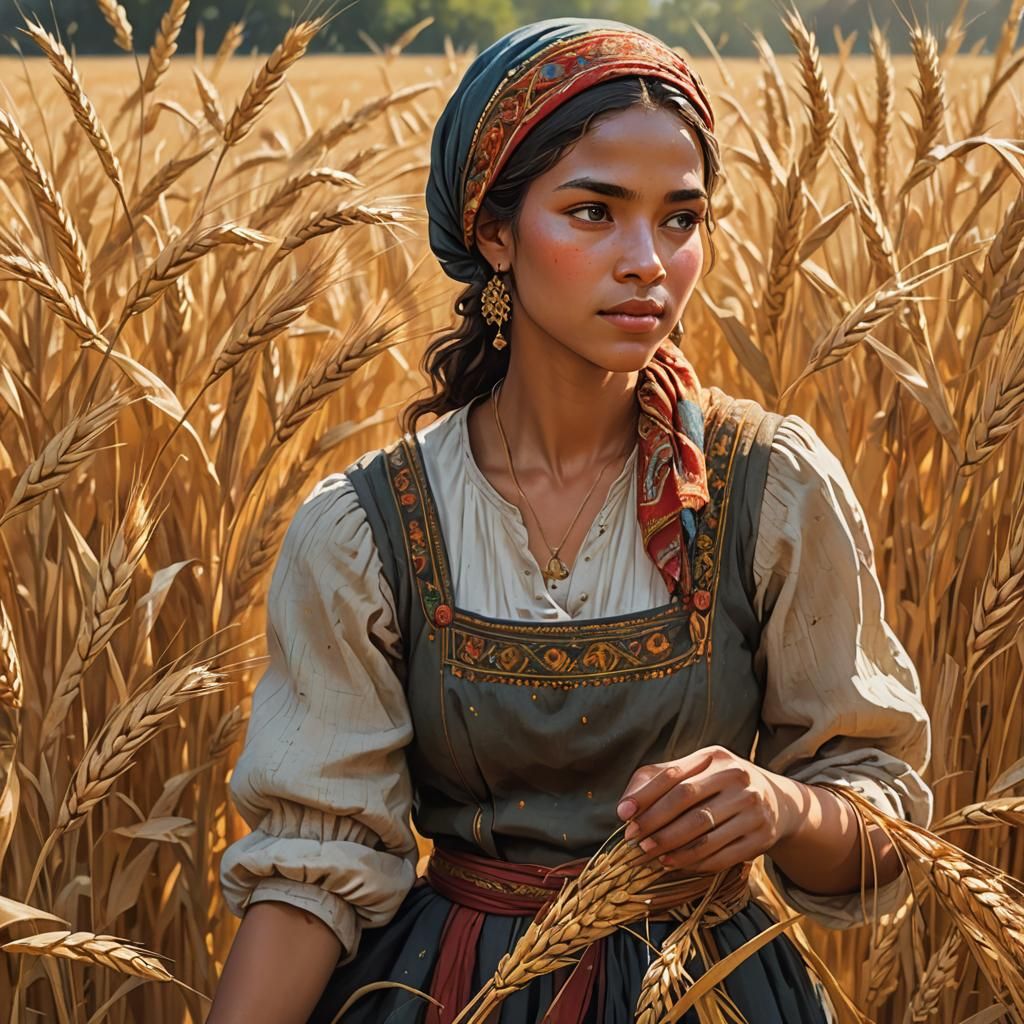 Graceful Village Girl Harvesting Wheat: Fantasy Art