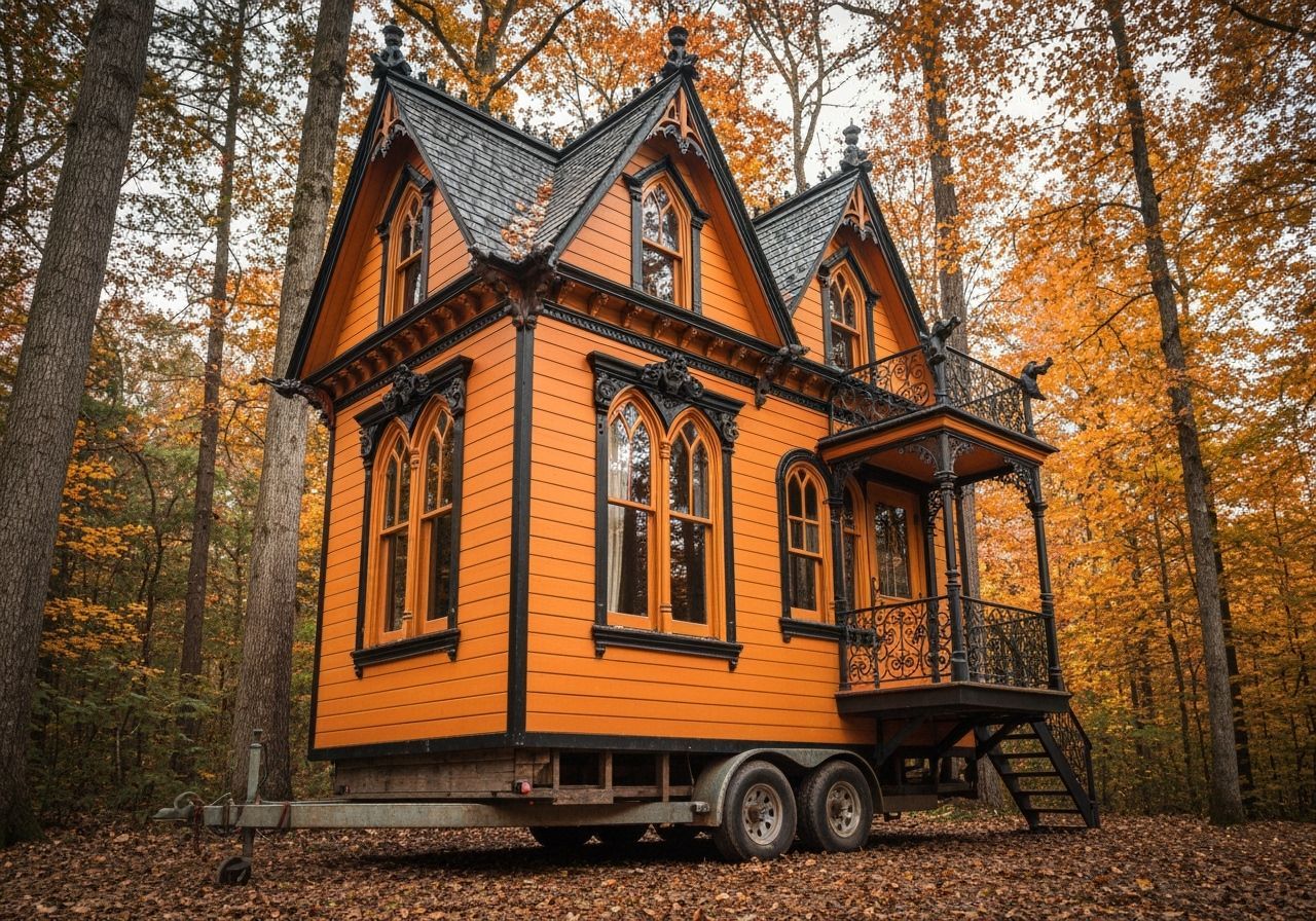 Victorian Tiny House on Trailer in Autumn Forest