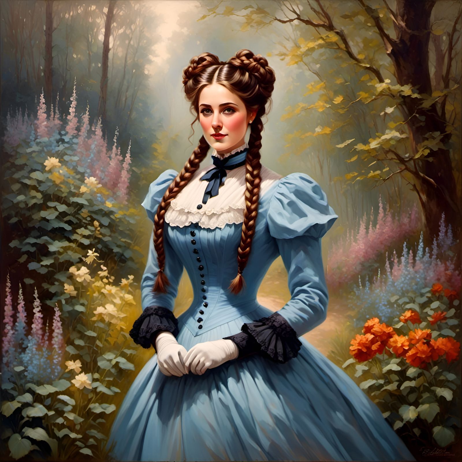 Elegant Victorian Woman with Braids and Gloves