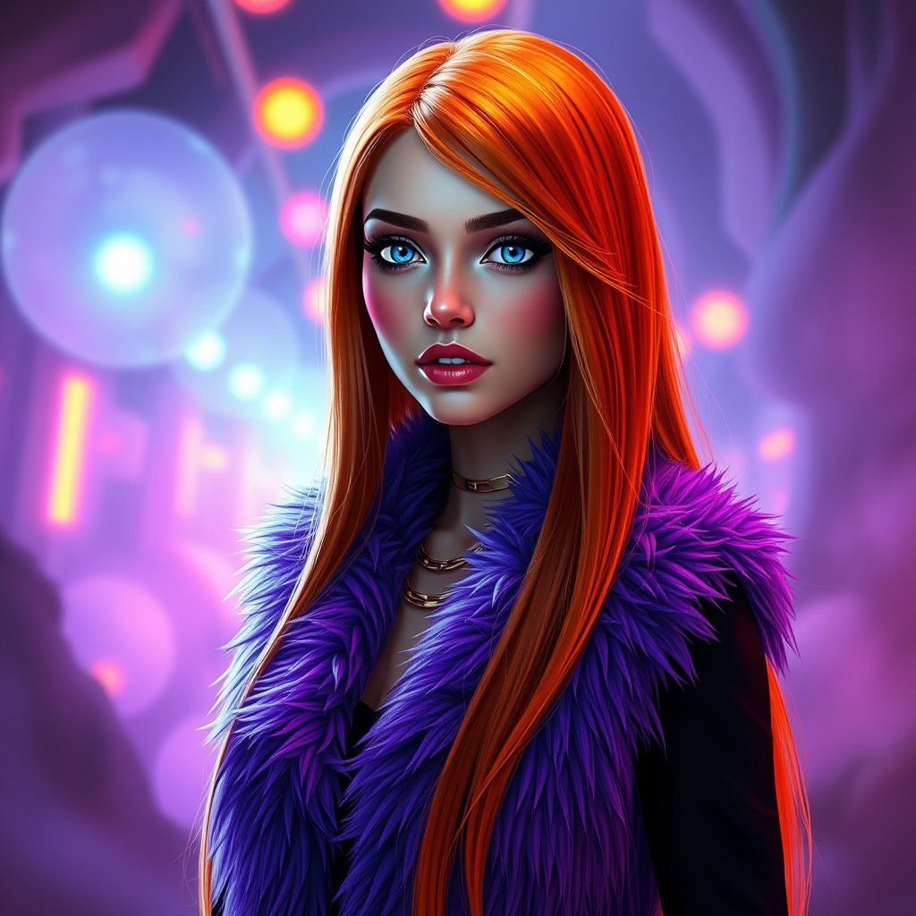Woman with Orange Hair in Mystical Neon Landscape