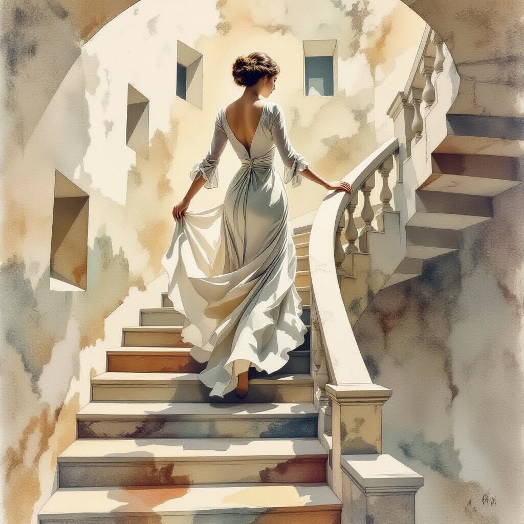 Dreamlike Woman Ascending Labyrinthine Stairs in Watercolor