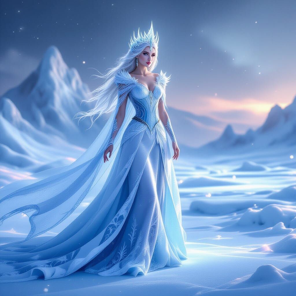 Ice Queen on Glowing Tundra in Ethereal Fantasy Portrait