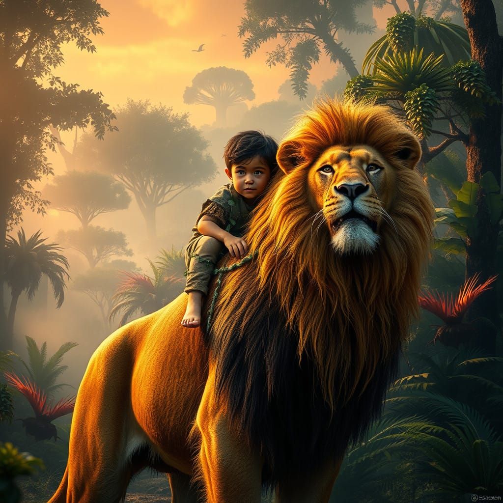 Child on Majestic Lion in Lush Jungle Landscape, Photorealis...