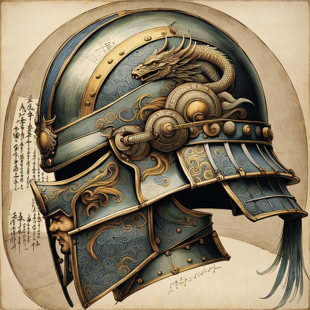 Art by Leonardo da Vinci, a study of helmets through the ages, from ancient gladiator helms to medieval knight's armor, ...