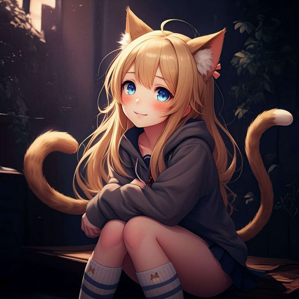Anime Cat Girl Blushing in Dreamlike Scene