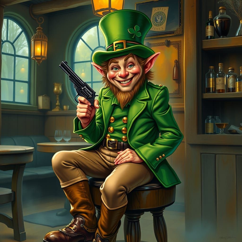 Whimsical Leprechaun in a Smoky Irish Pub