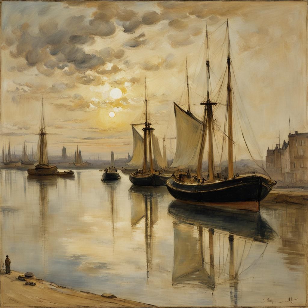 Fisherman Ships Sailing into Harbor: Impressionistic Seascap...