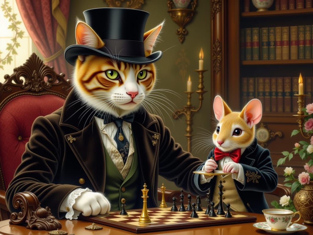 Refined Cat and Mouse Play Chess in Opulent Setting