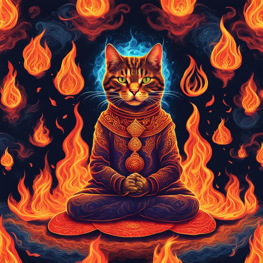 Fiery Feline: Meditative Cat in Multicolored Flame