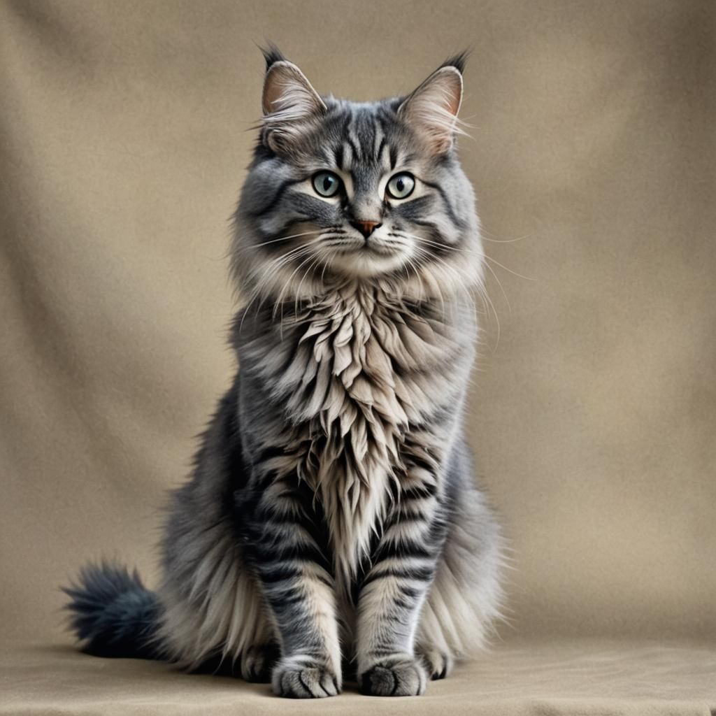 A Russian blue Siberian fluffy tabby cat.